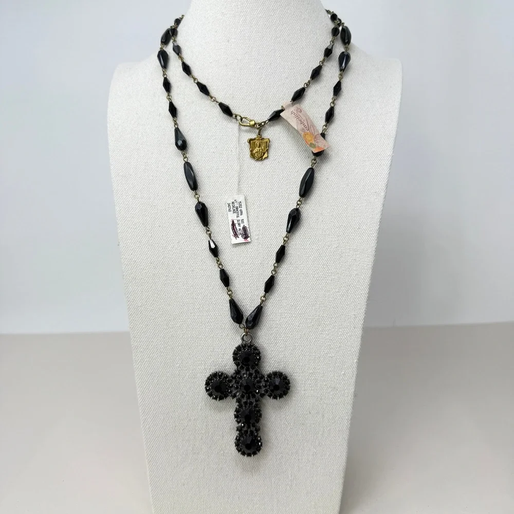 Embellish Graceful‎ Glory Metal Necklace Black Beaded Cross Pendant JW0740
